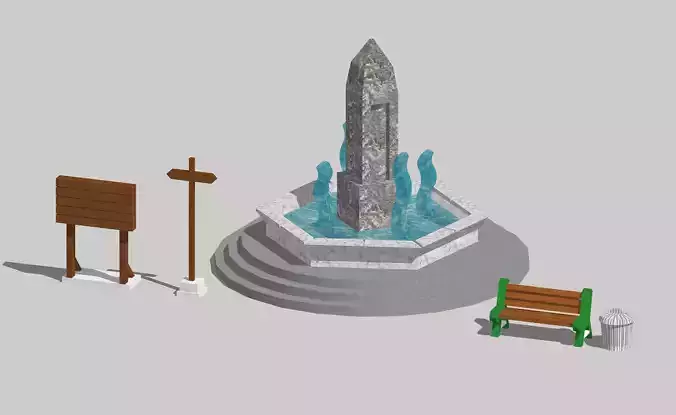 Park Garden Accessories with Fountain by Outland Models Low-poly 3D model