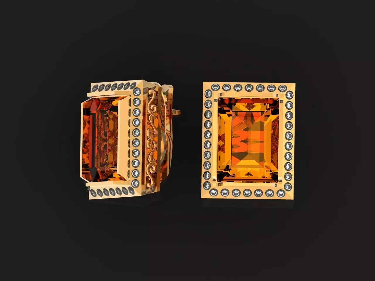 baguette earrings with stone and pattern on the side 964 3D print model