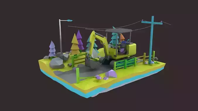 Cartoon diggers Low Poly Excavator