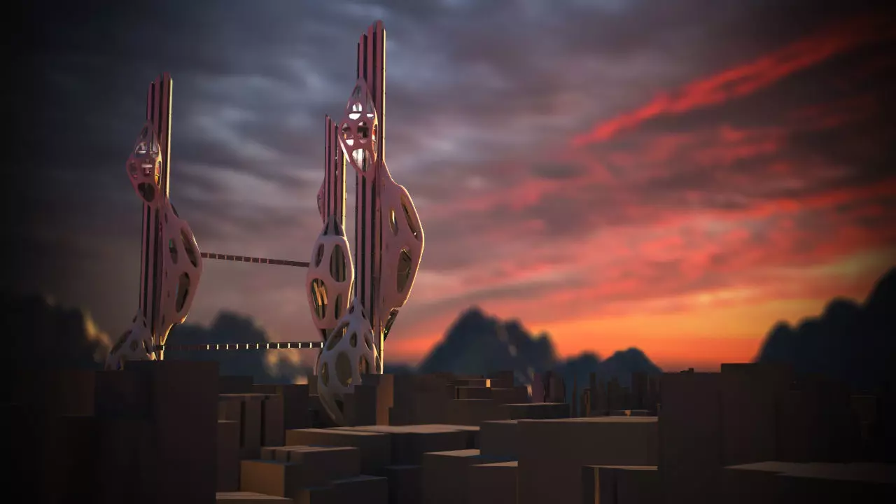 Net-building futuristic city at sunset 3D model_0