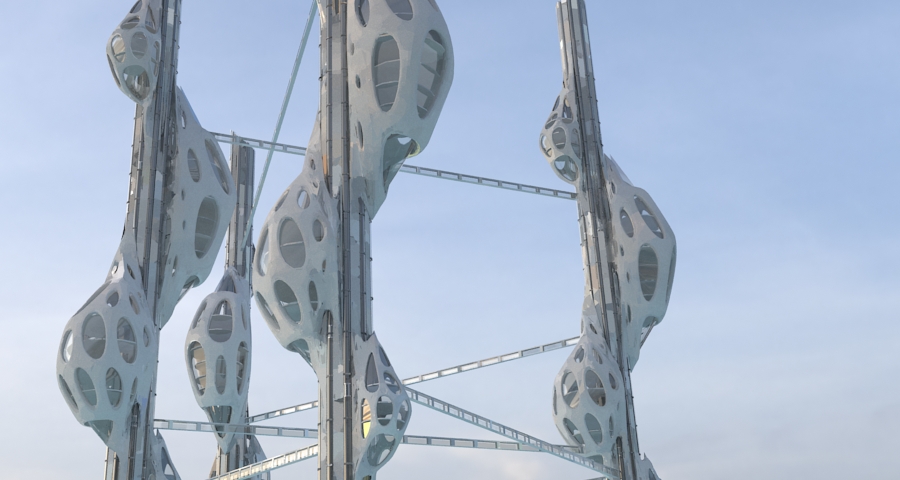 Net-building futuristic city at sunset 3D model_1