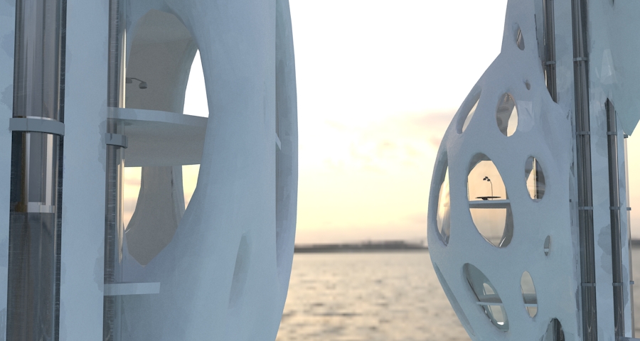 Net-building futuristic city at sunset 3D model_2