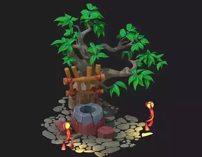 Cartoon well  stone well  water vine tree fence