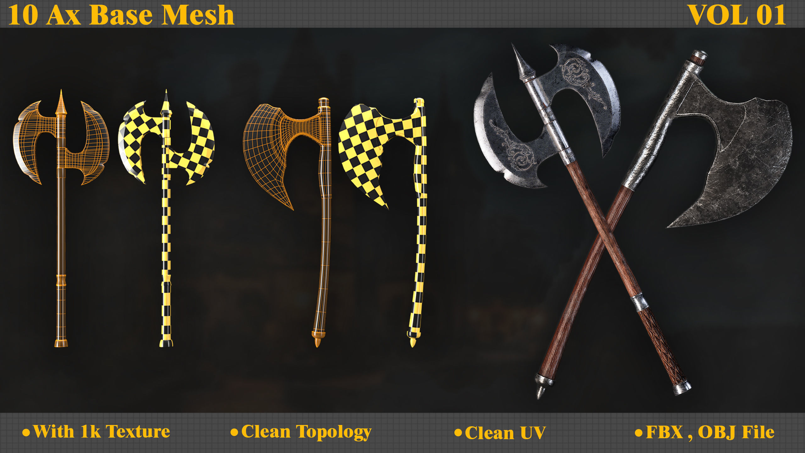 10 Model of battle Ax base mesh Low-poly 3D model_4