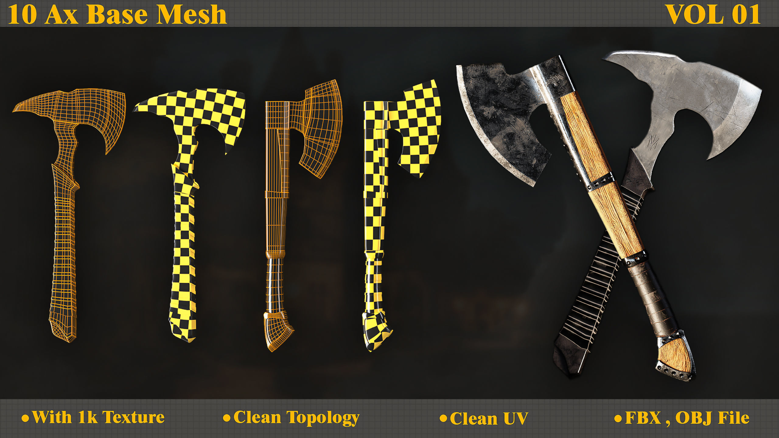 10 Model of battle Ax base mesh Low-poly 3D model_3