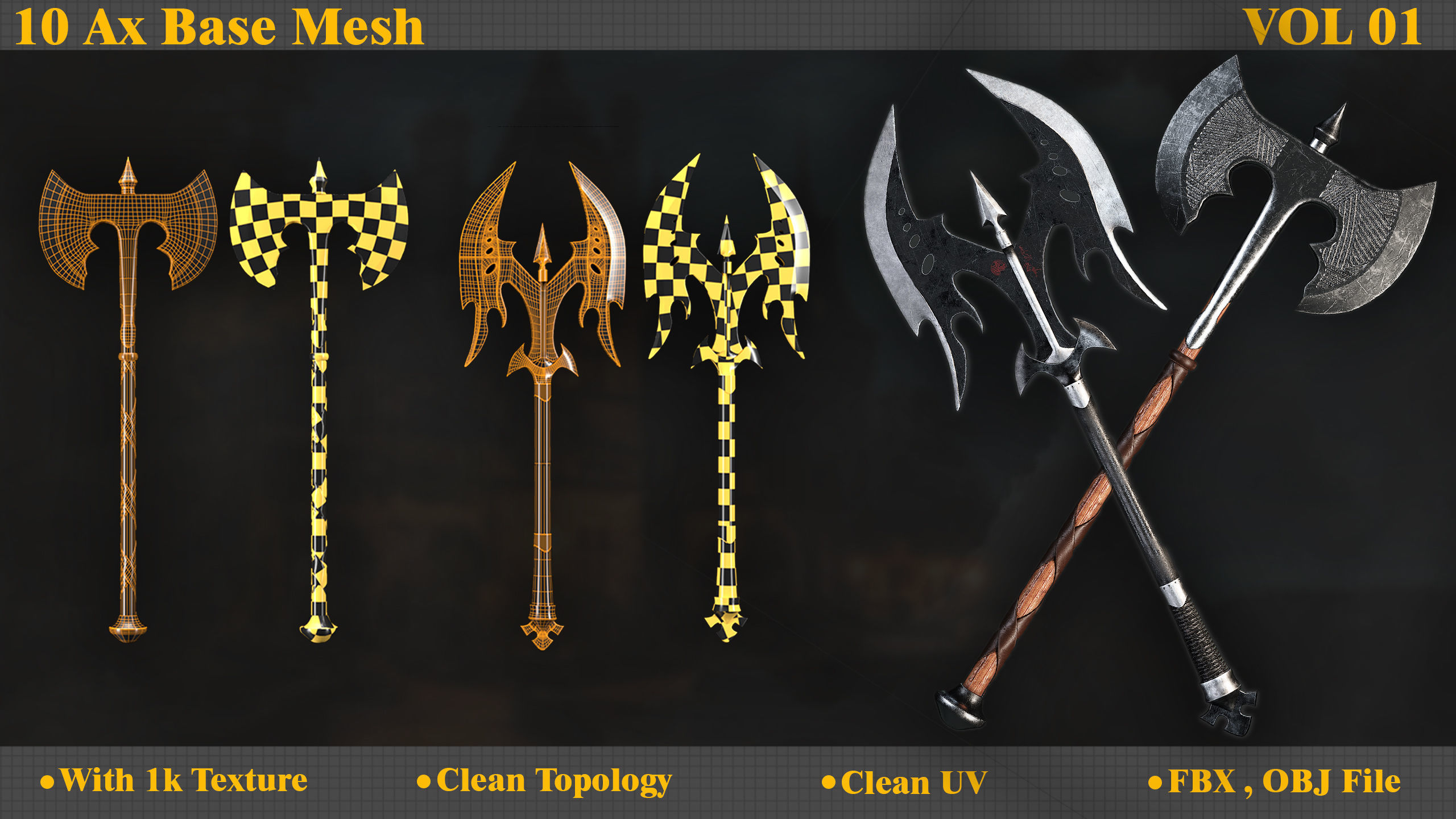 10 Model of battle Ax base mesh Low-poly 3D model_5