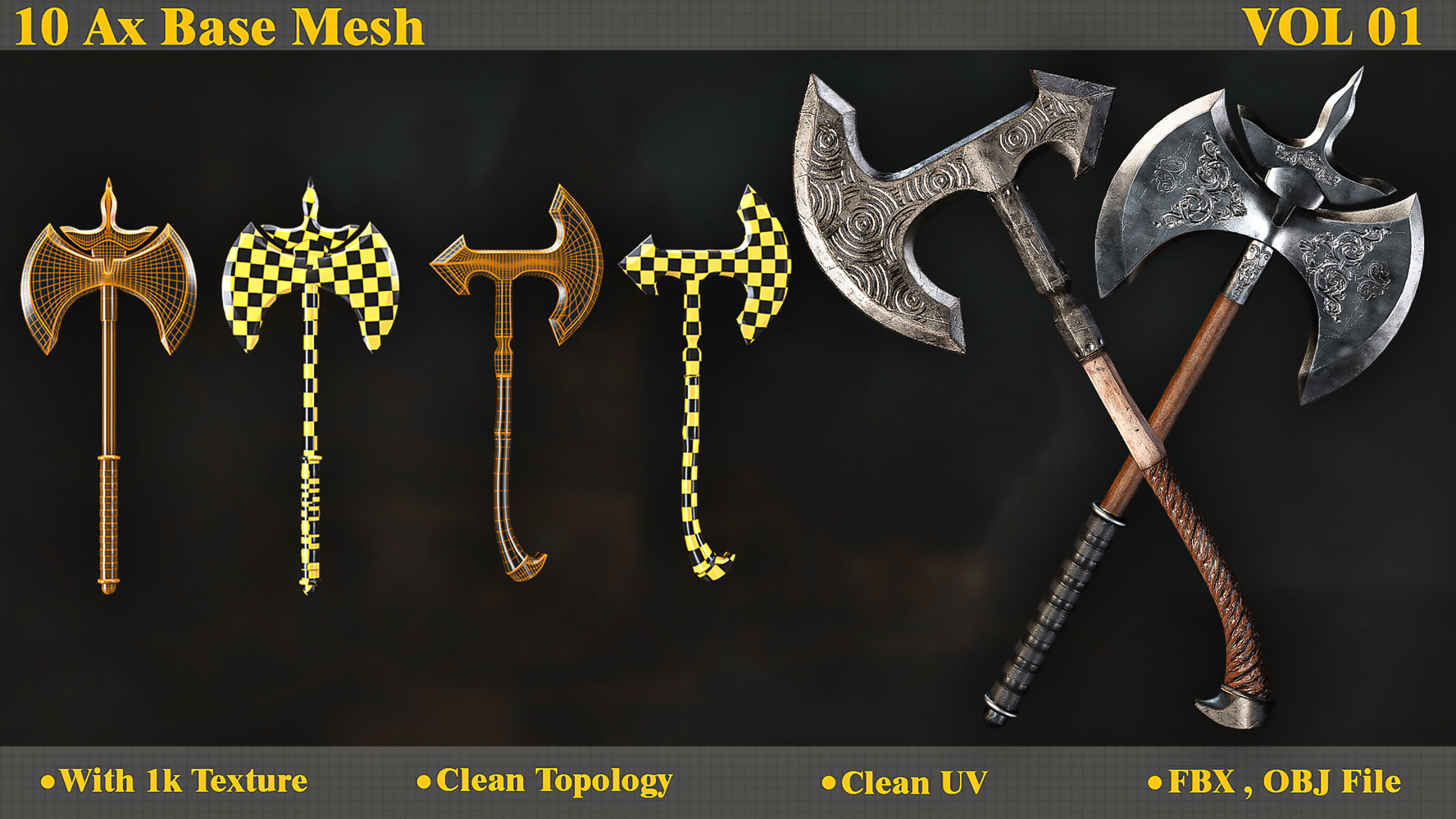 10 Model of battle Ax base mesh Low-poly 3D model_1