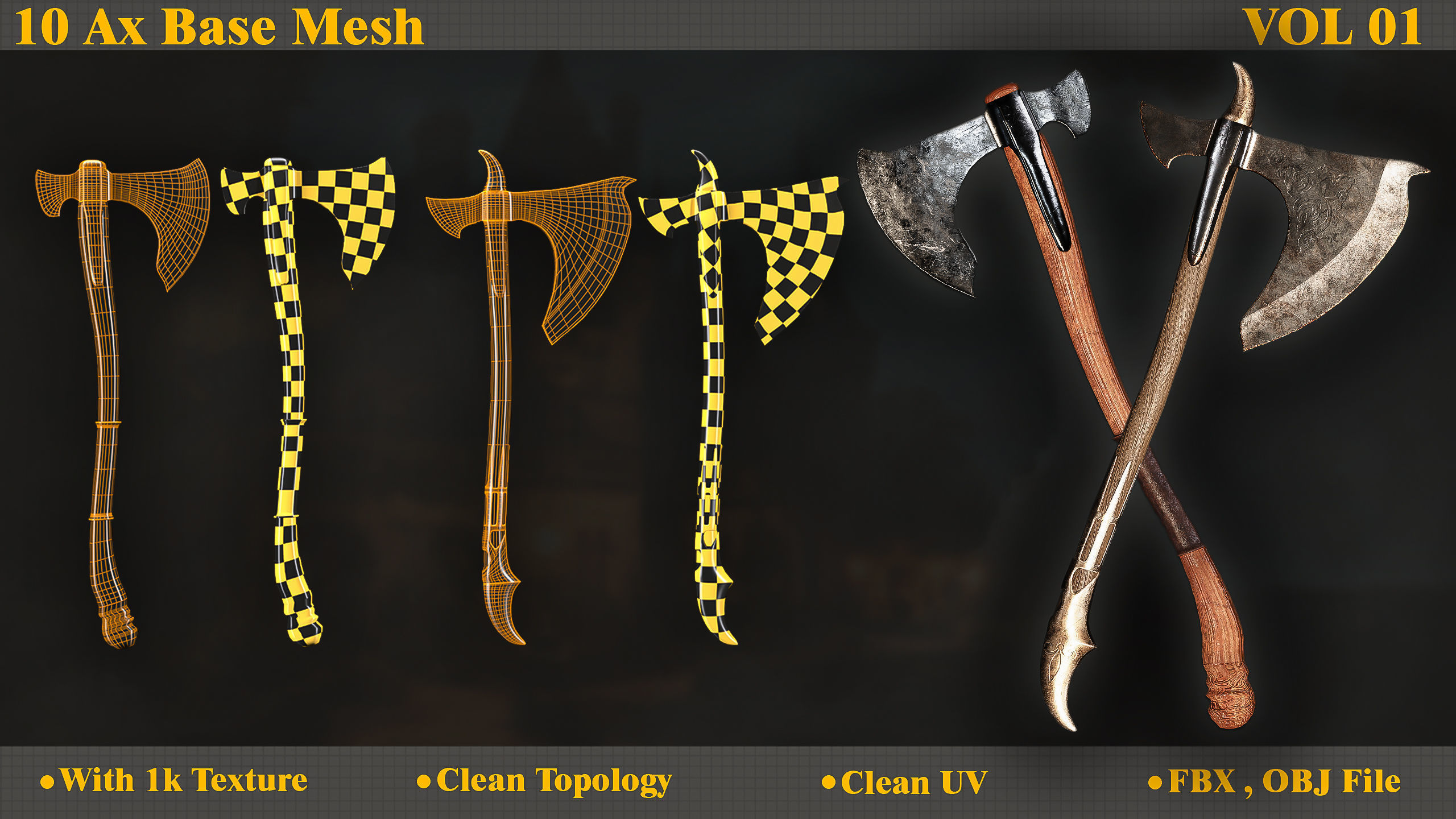 10 Model of battle Ax base mesh Low-poly 3D model_2