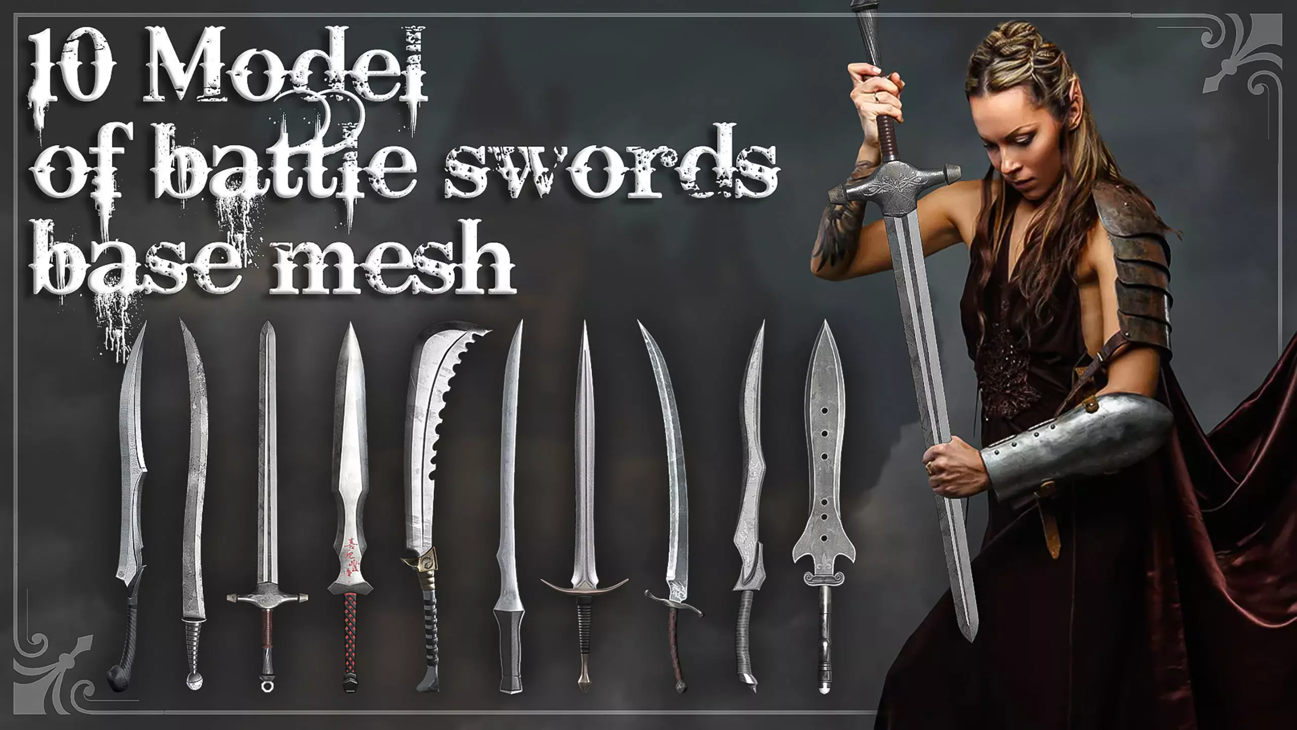 10 Model of battle swords base mesh Low-poly 3D model_0