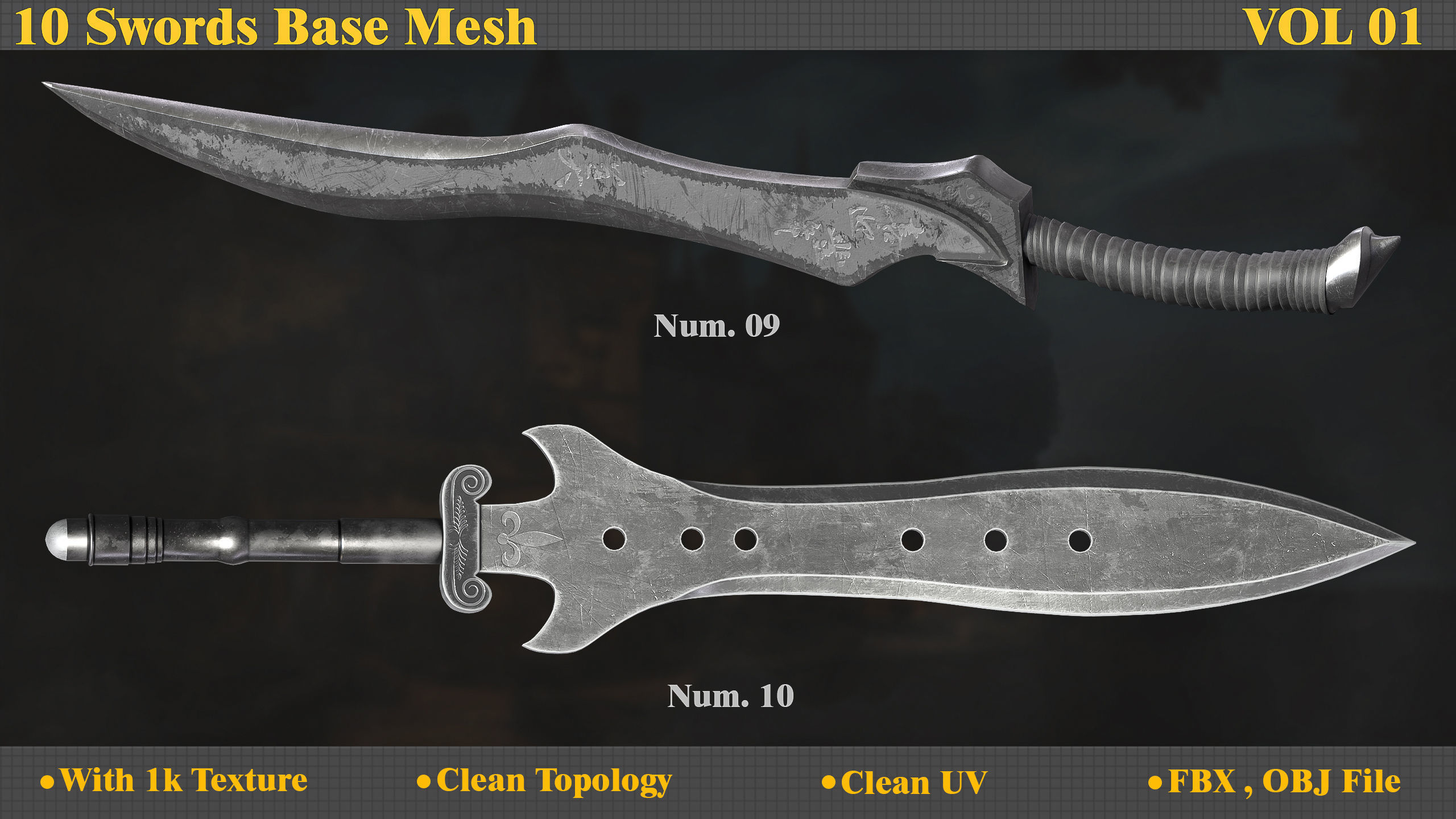 10 Model of battle swords base mesh Low-poly 3D model_3