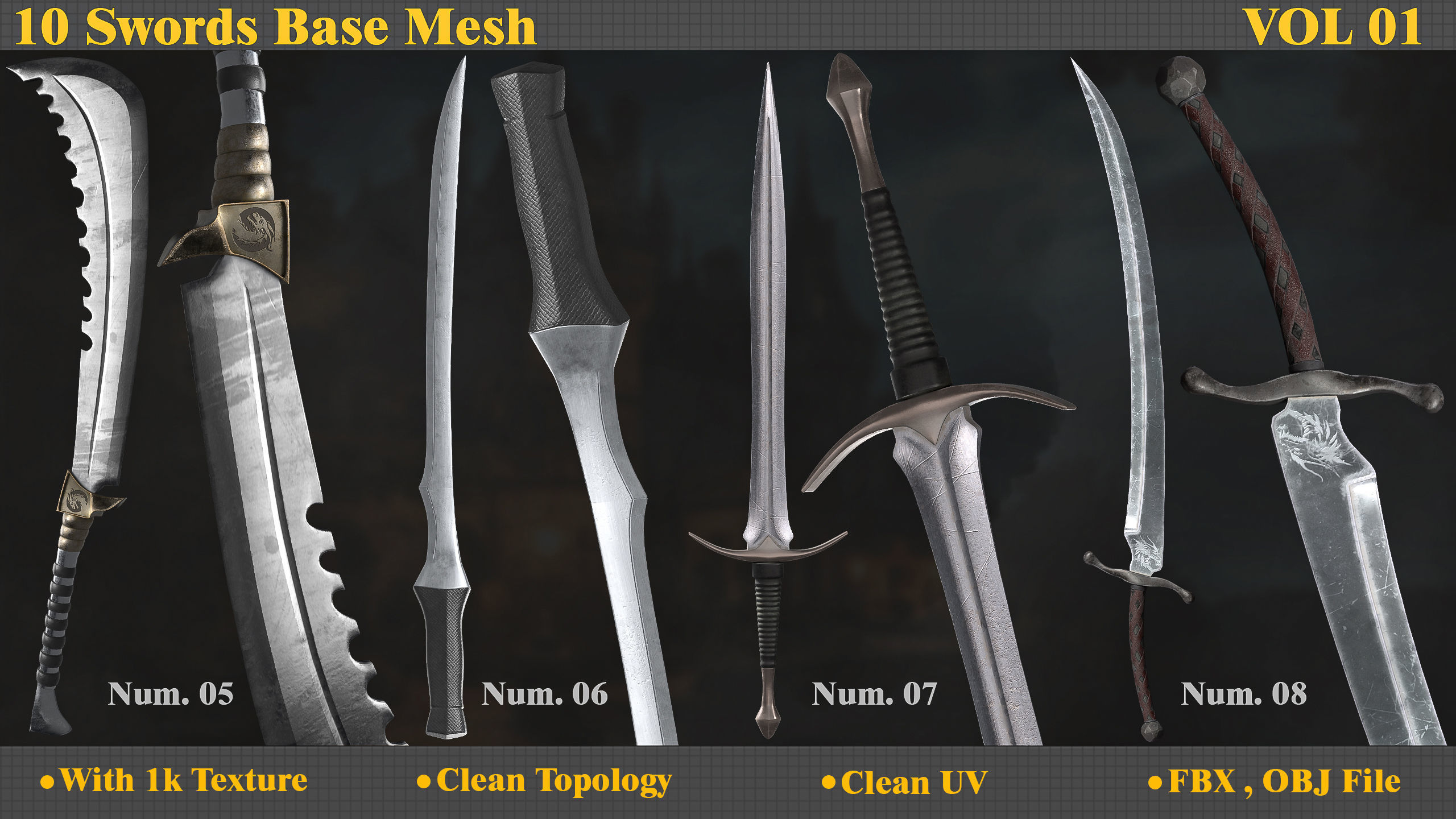 10 Model of battle swords base mesh Low-poly 3D model_2