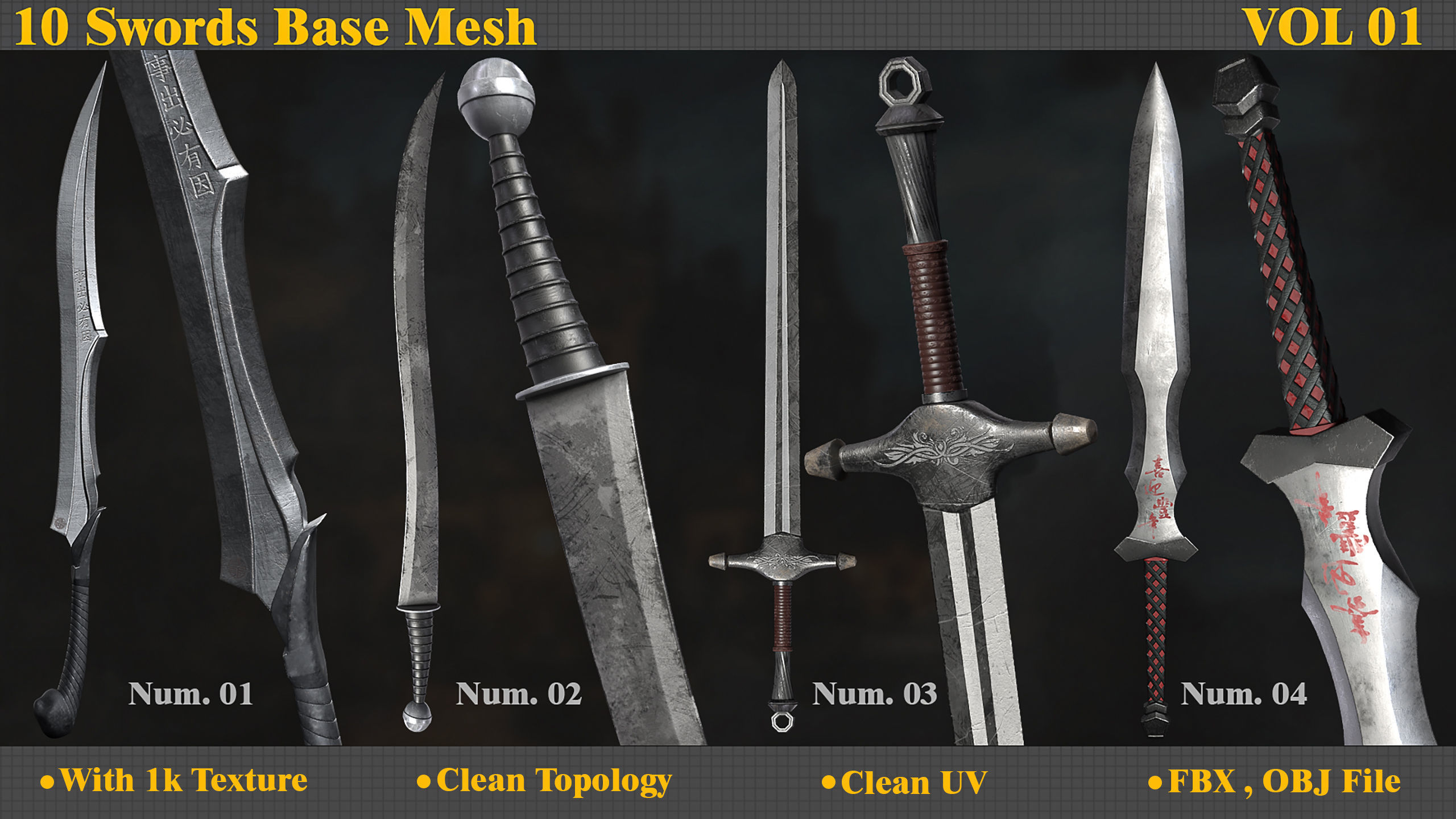 10 Model of battle swords base mesh Low-poly 3D model_1
