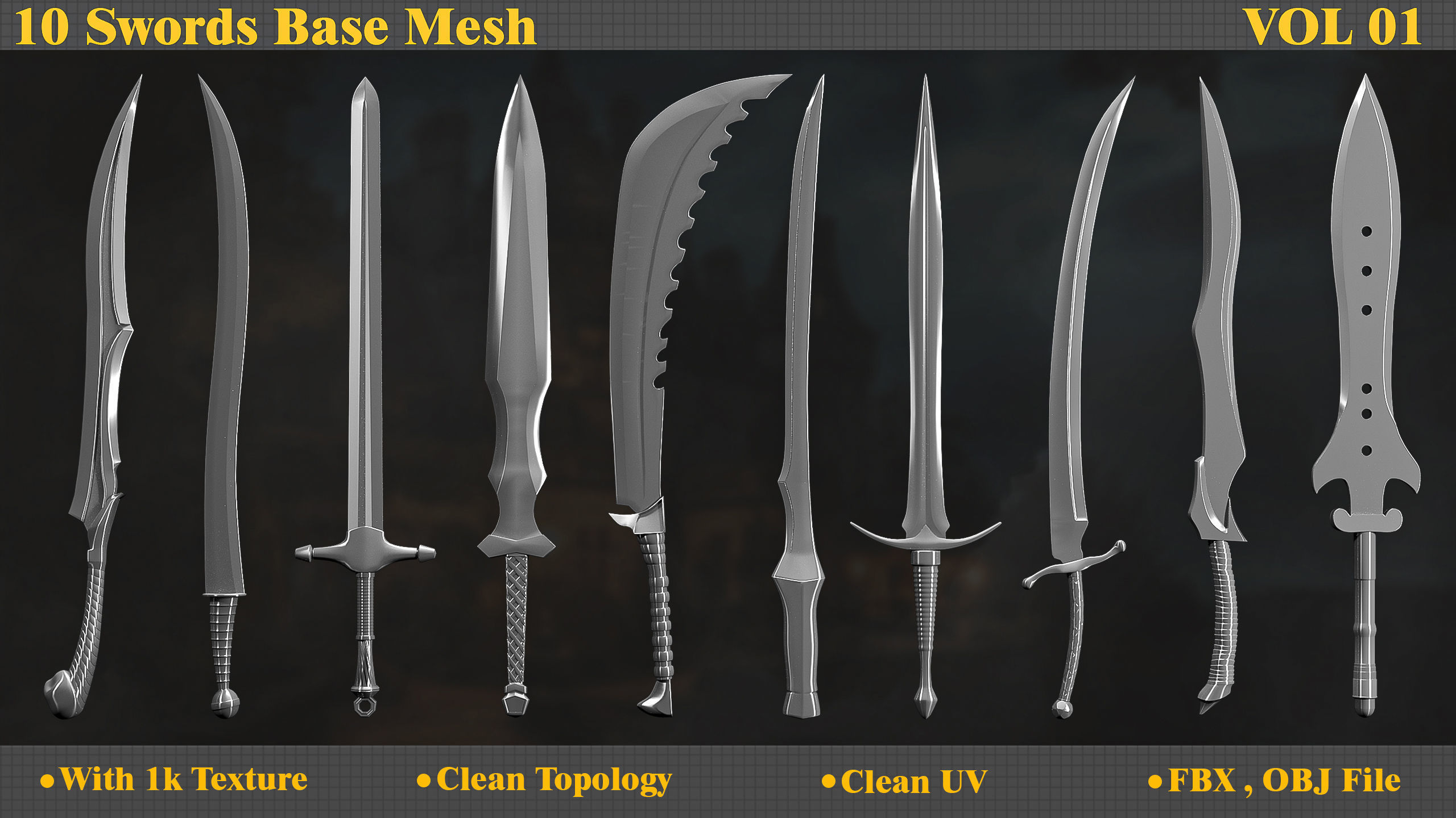 10 Model of battle swords base mesh Low-poly 3D model_4