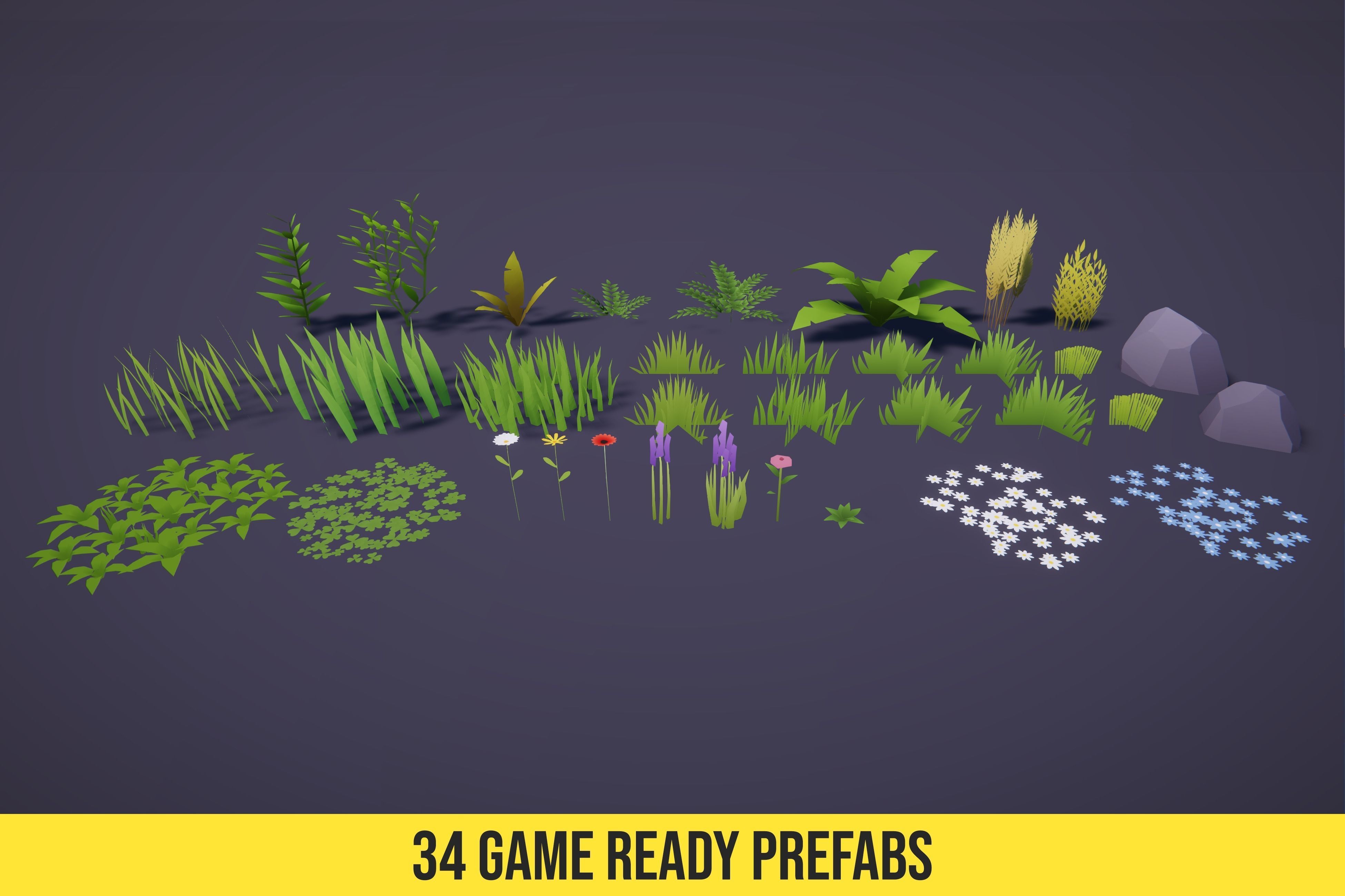 Low Poly Cartoon Grass and Plants for Unity and Unreal Engine Low-poly 3D model_4