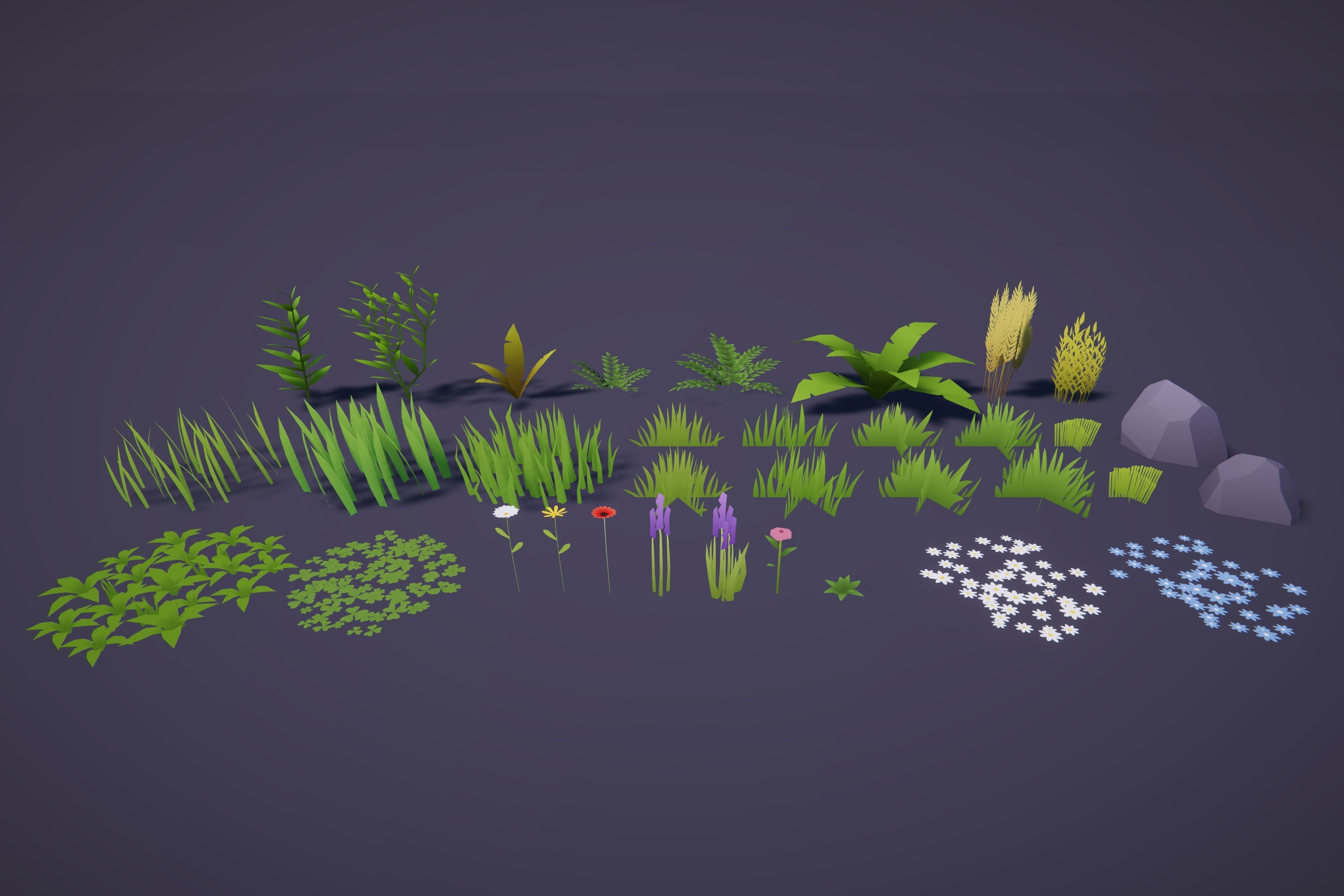 Low Poly Cartoon Grass and Plants for Unity and Unreal Engine Low-poly 3D model_8