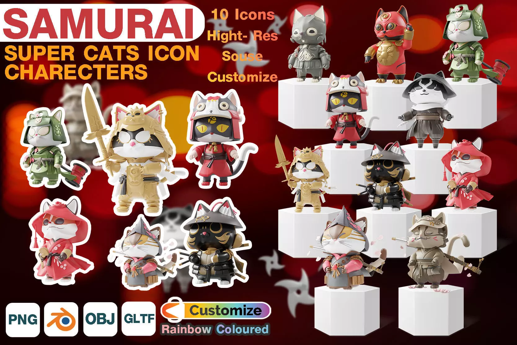 Samurai Super Cats Art Toy Charecters 10 Asset Low-poly 3D model_0