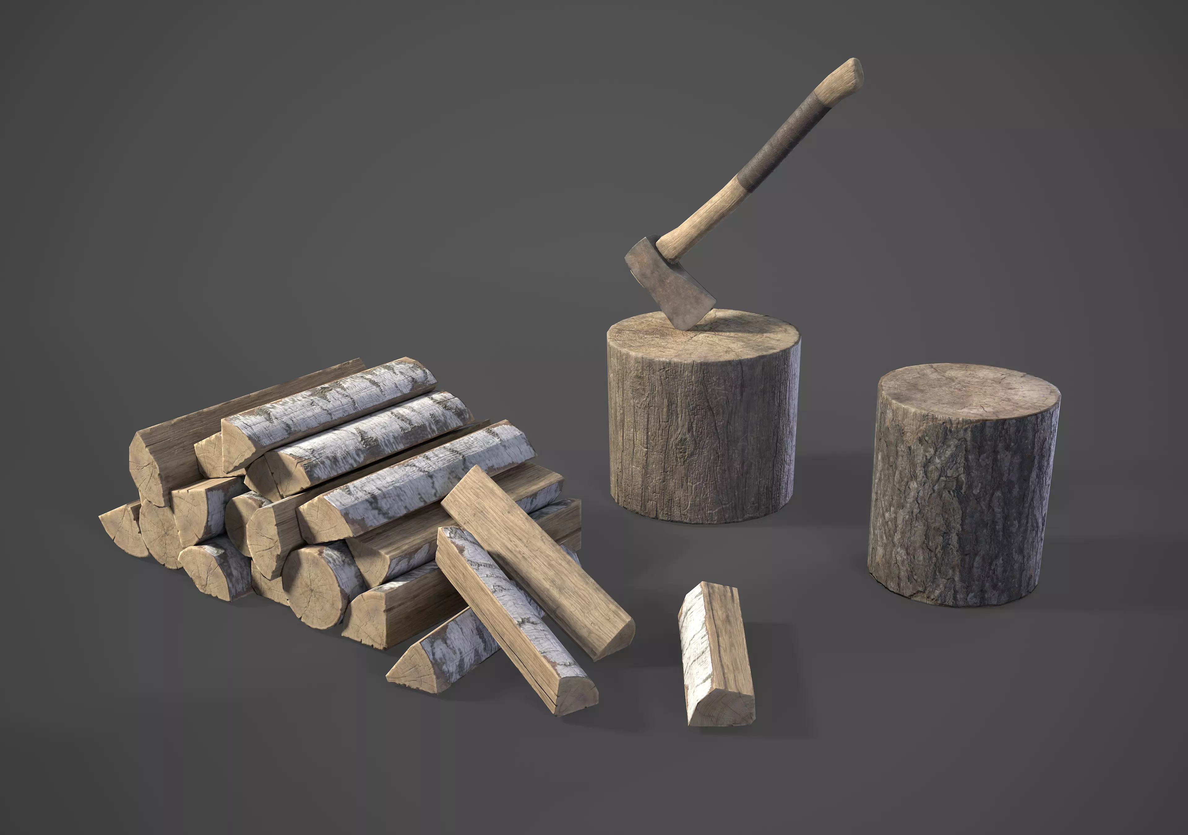 Firewood pile with stumps and axe Low-poly 3D model_0