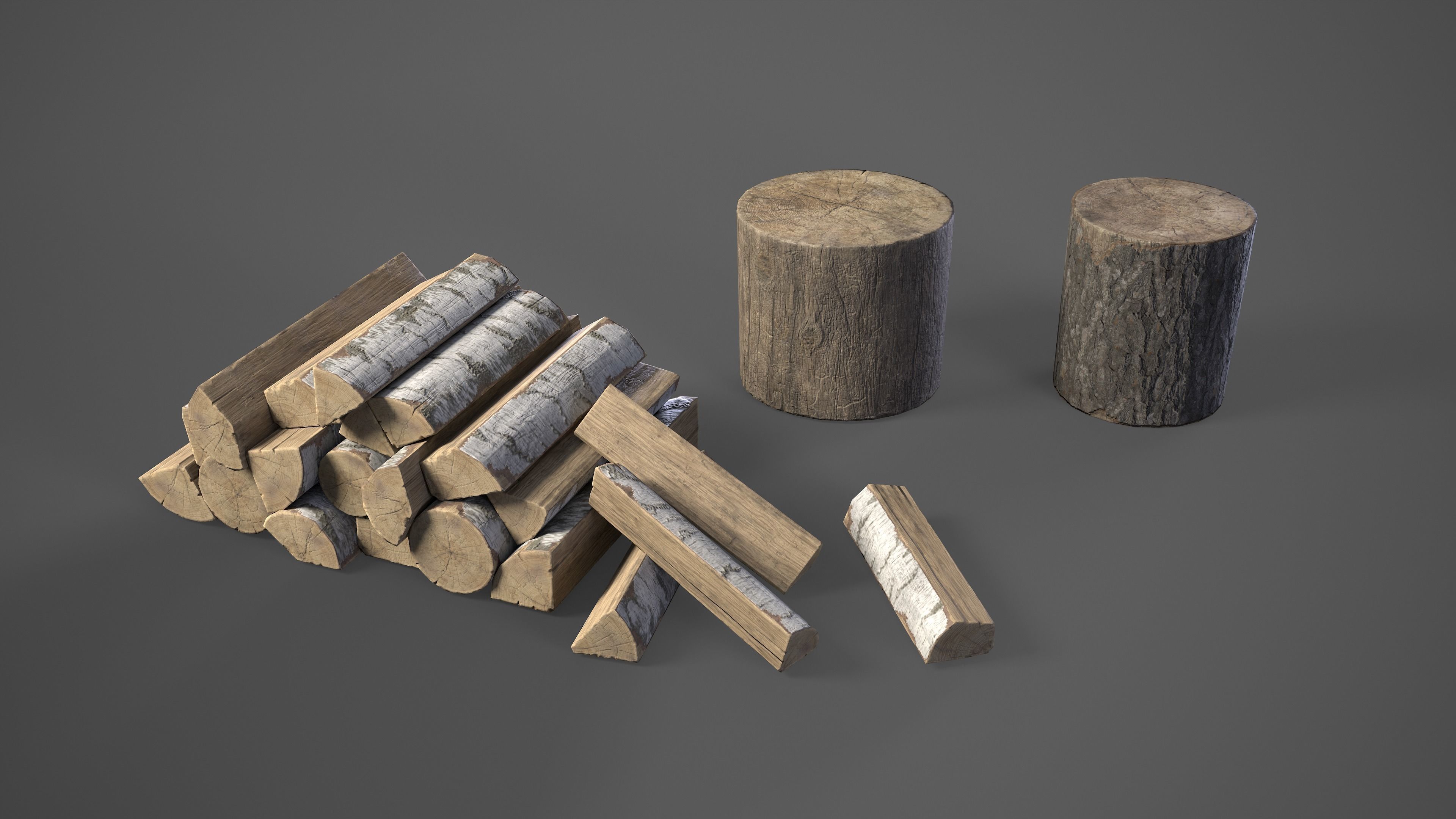 Firewood pile with stumps and axe Low-poly 3D model_1