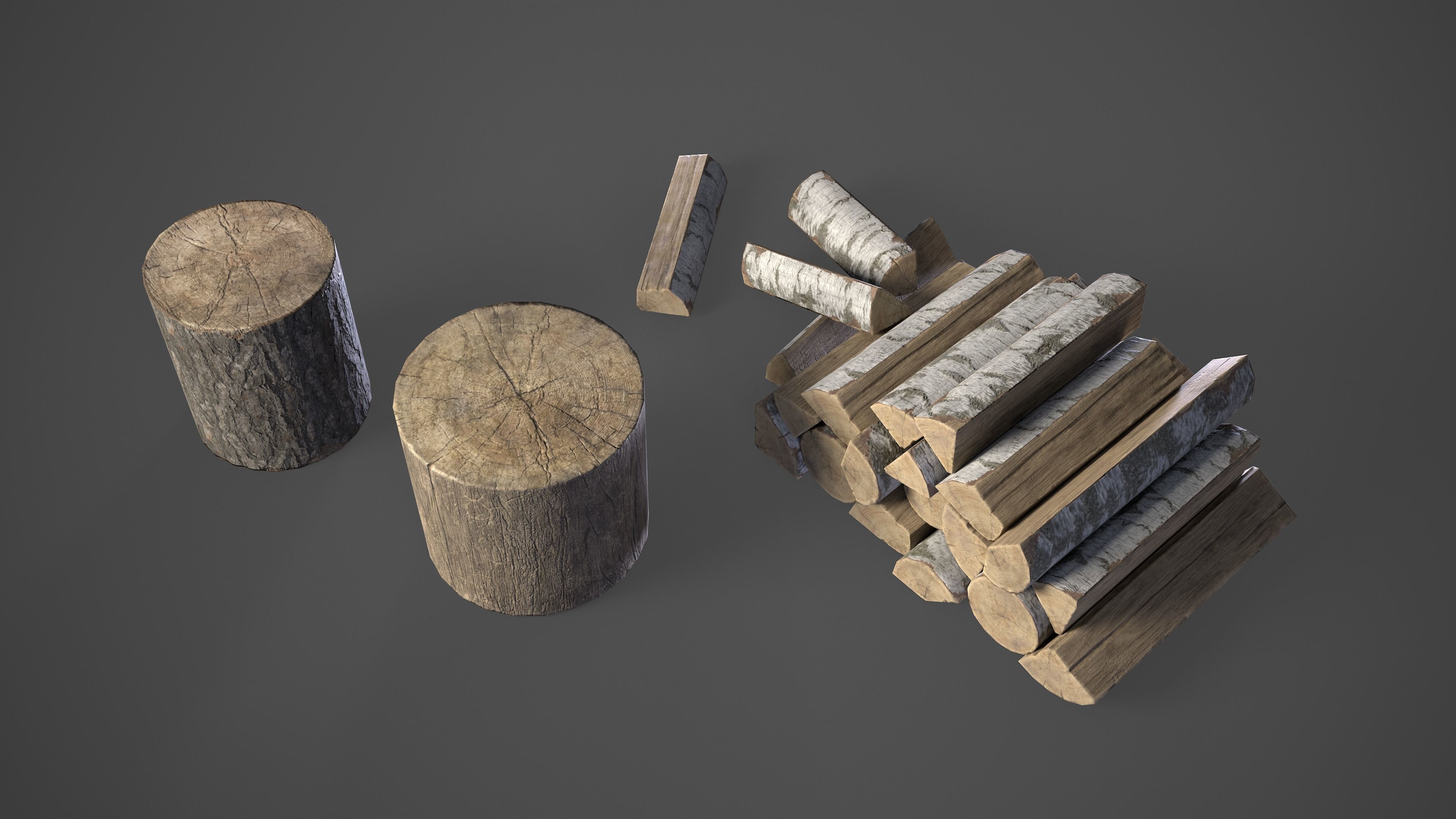 Firewood pile with stumps and axe Low-poly 3D model_3