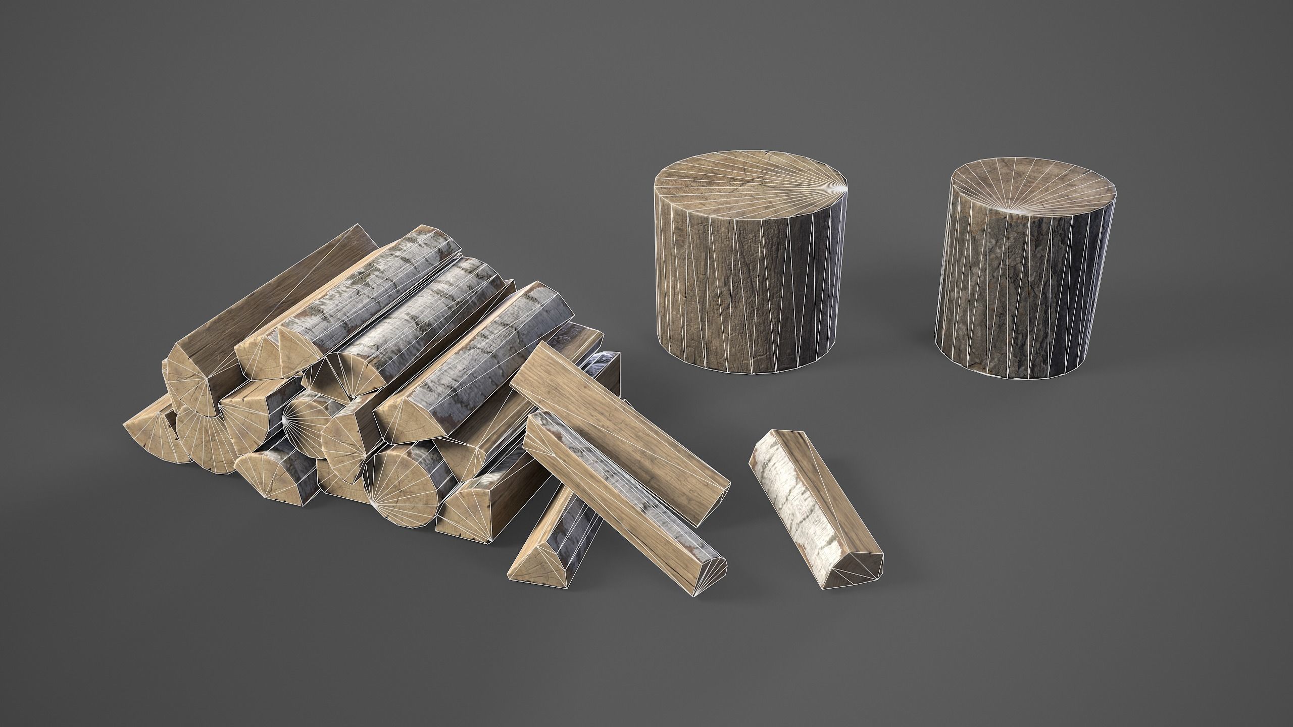 Firewood pile with stumps and axe Low-poly 3D model_4