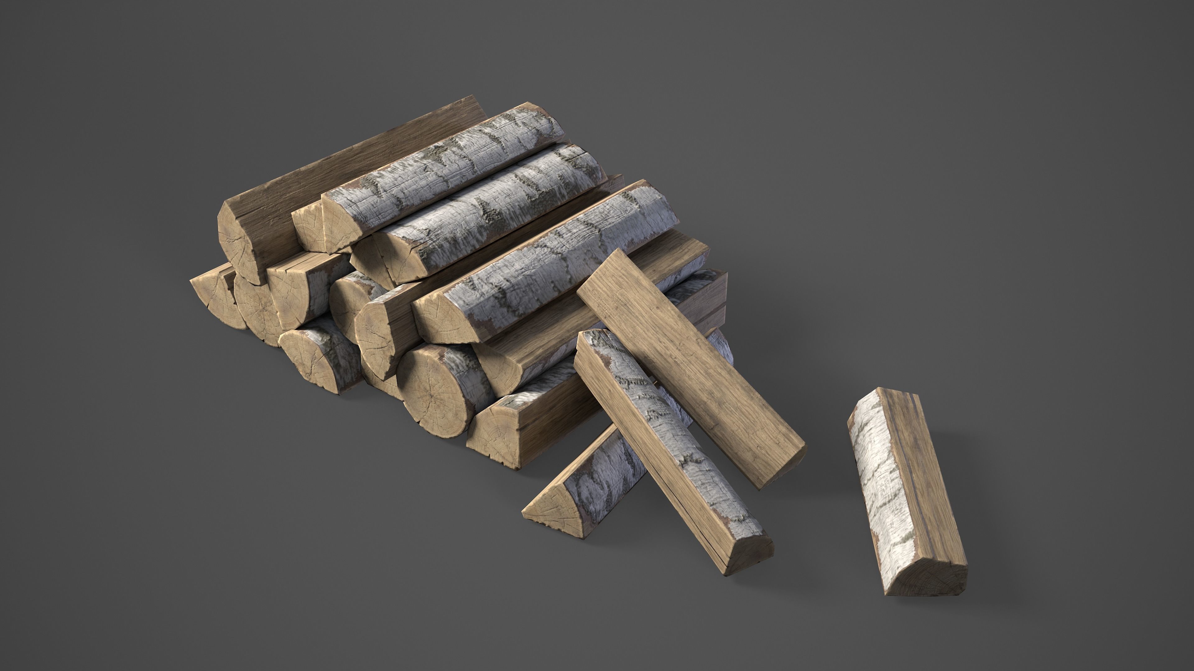 Firewood pile with stumps and axe Low-poly 3D model_13