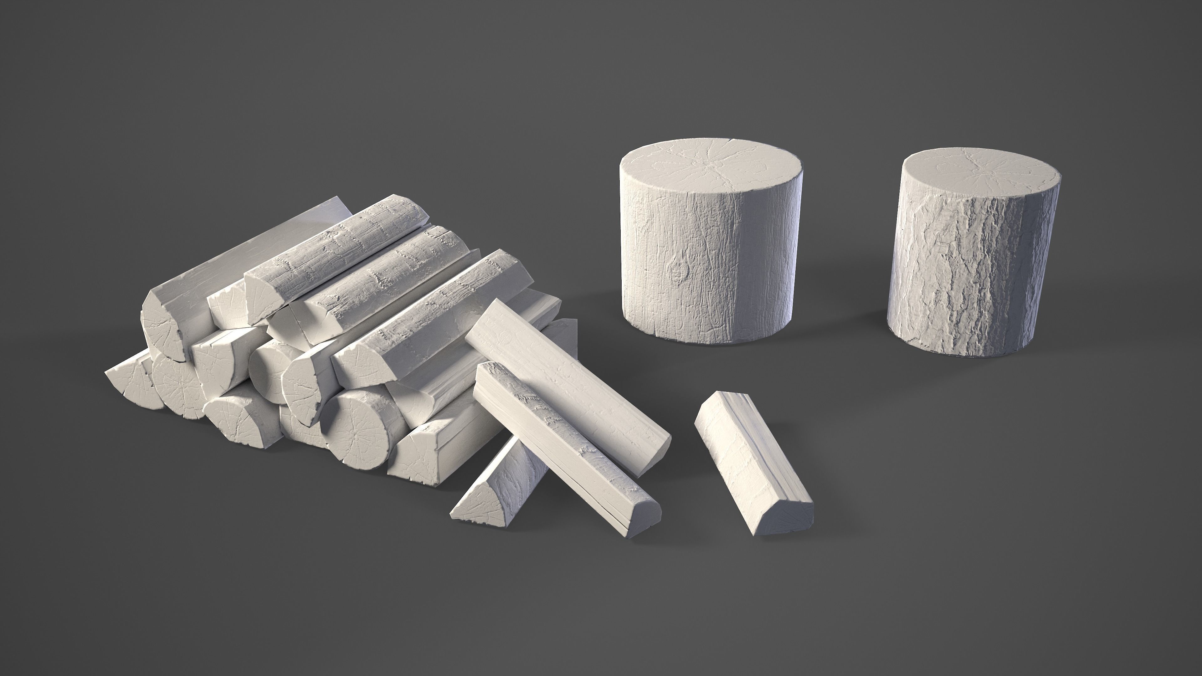 Firewood pile with stumps and axe Low-poly 3D model_9