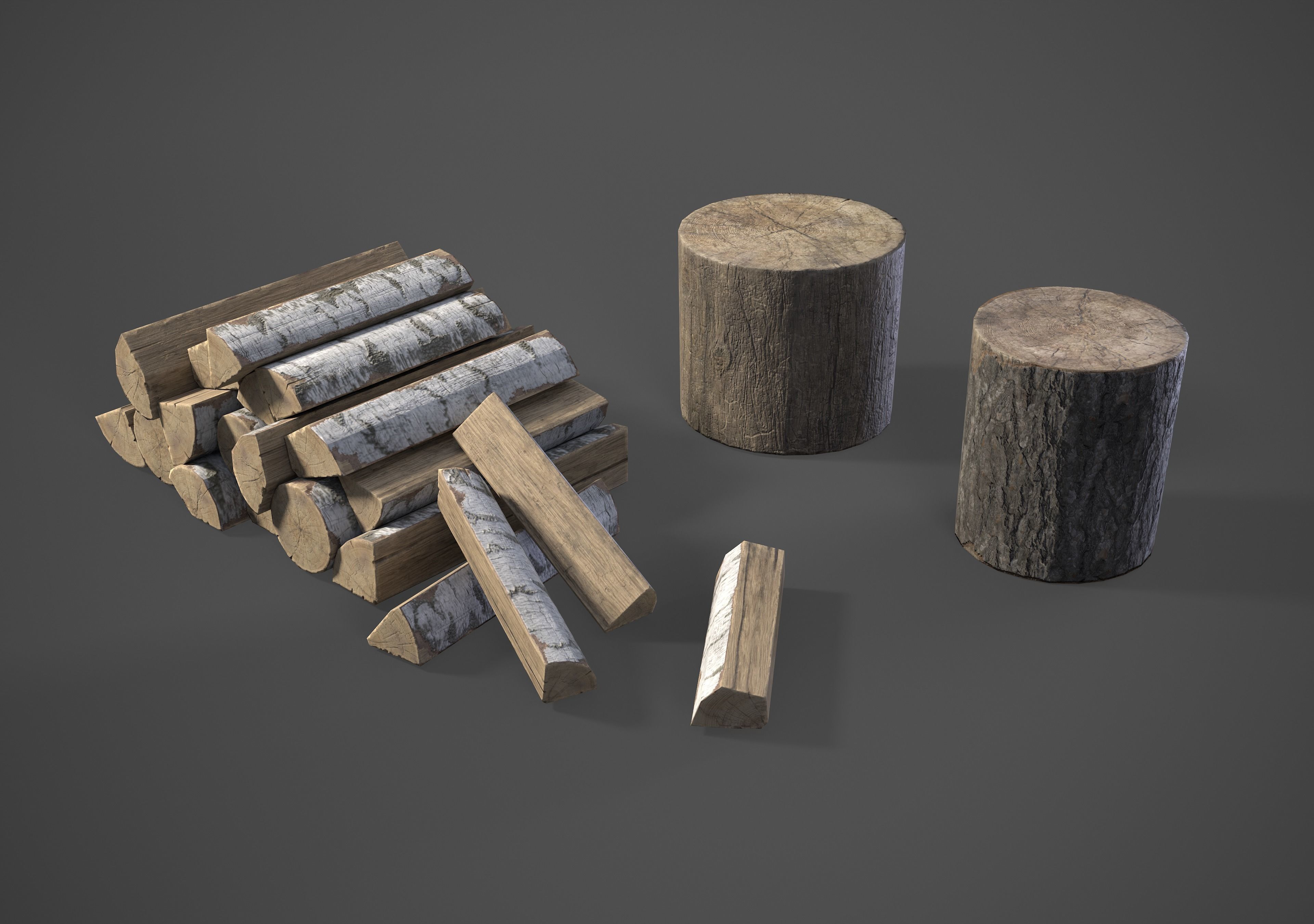Firewood pile with stumps and axe Low-poly 3D model_2