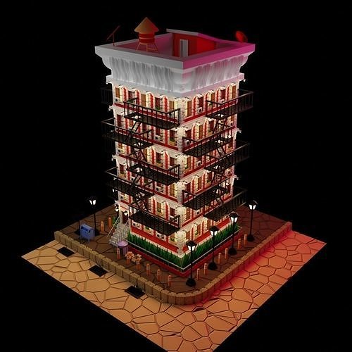 5 portion Apartment Building Low-poly 3D model