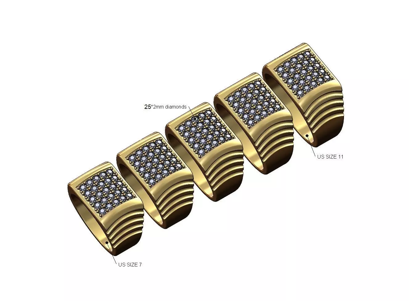 Iced diamond ribbed dome square signet ring US sizes 7to11 3D print model