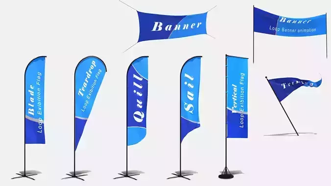 Animated Flags and Banner 8 in1 Low-poly 3D model