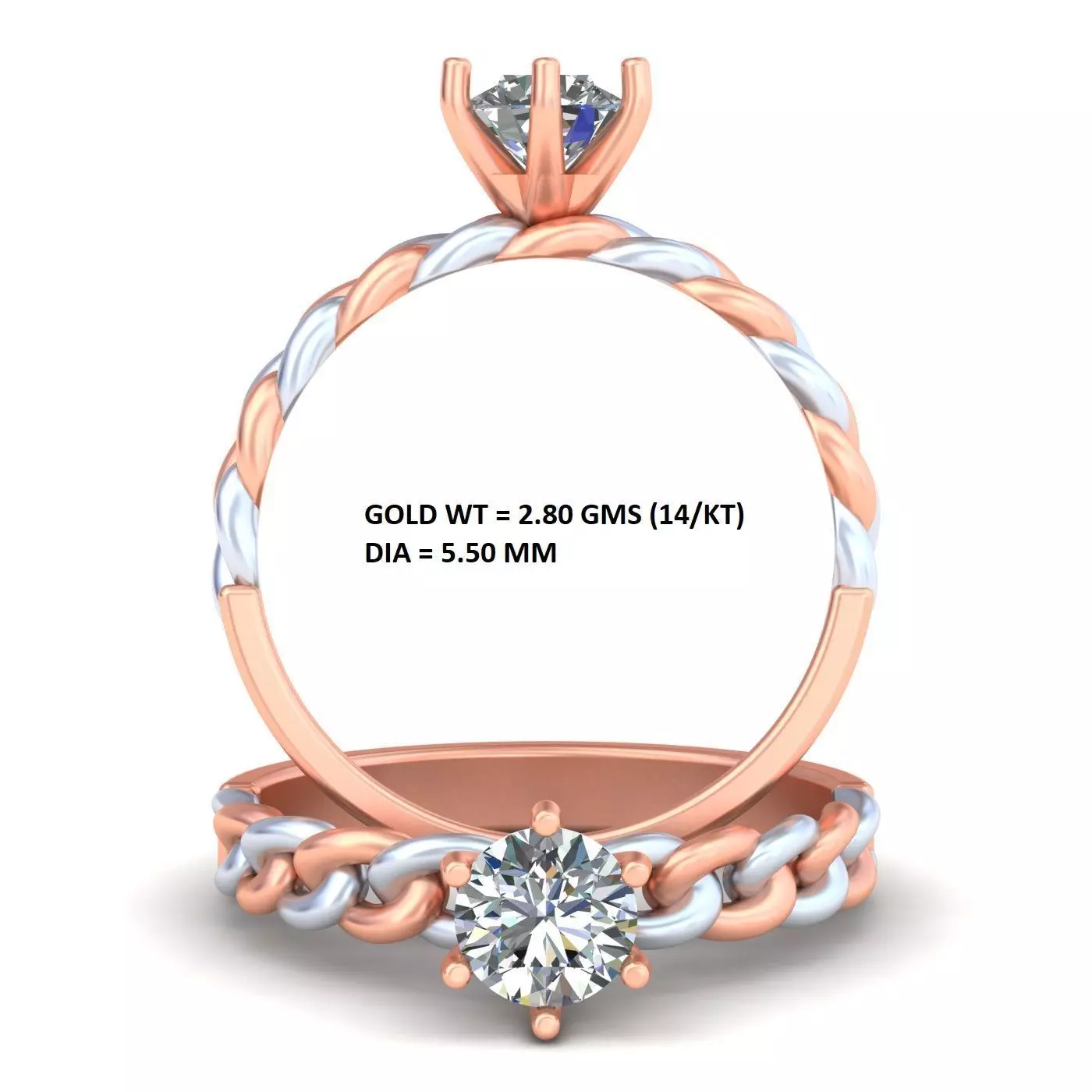 Double Color Unique Cuban Link Ring With Diamond A2 3D print model_0