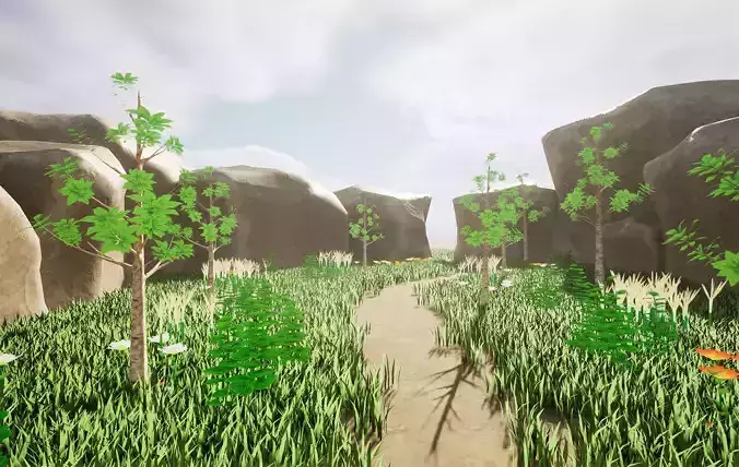 Stylized 3d scene with foliage assets Free low-poly 3D model