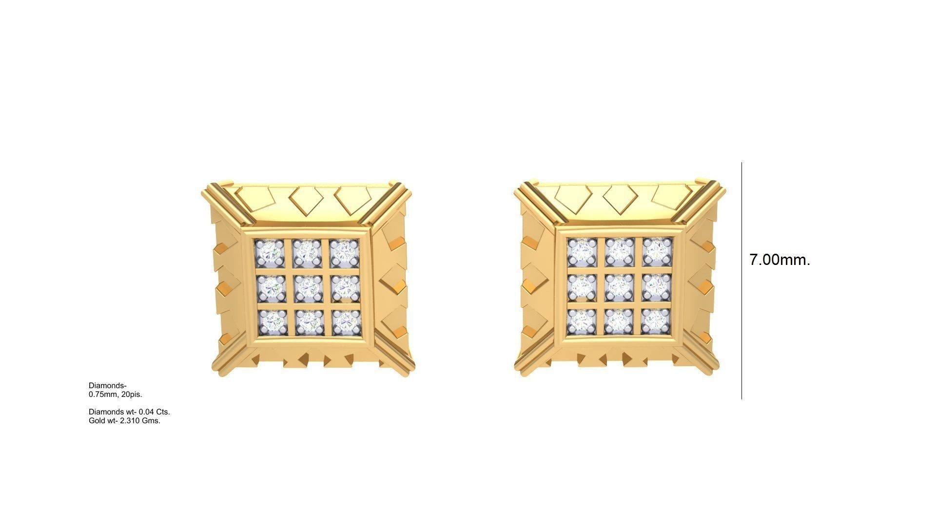 Square Diamond Studs Earrings stl obj mtl 3mf obj gltb glb 3D print model_3