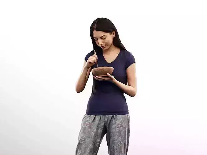 Yade 12941 - Standing Young Woman Eating In Pjyama