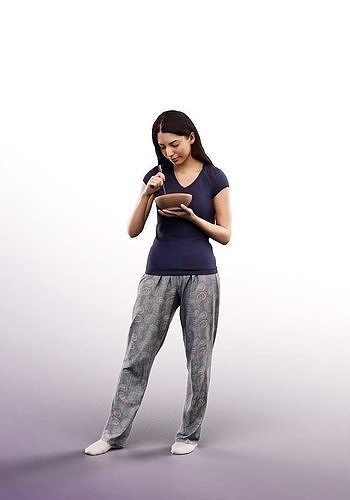 Yade 12941 - Standing Young Woman Eating In Pjyama Low-poly 3D model 2