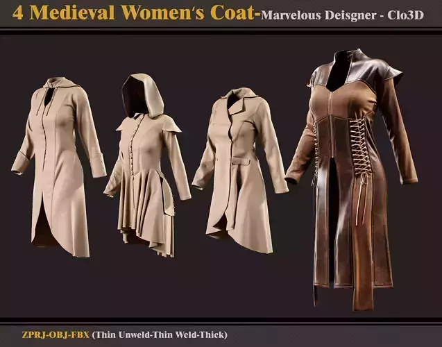 4 Medieval Women Coat-MD-Clo3D- FBX - OBJ