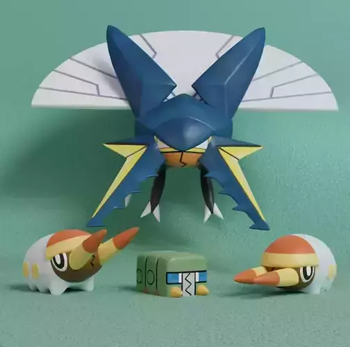 Pokemon - Grubbin Charjabug and Vikavolt 3D print model