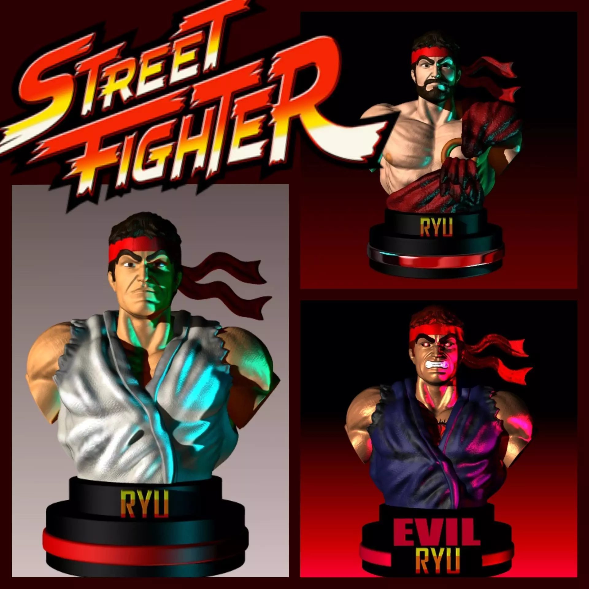 RYU 3 PACK VERSION STREET FIGHTERS BUST 3D print model_0
