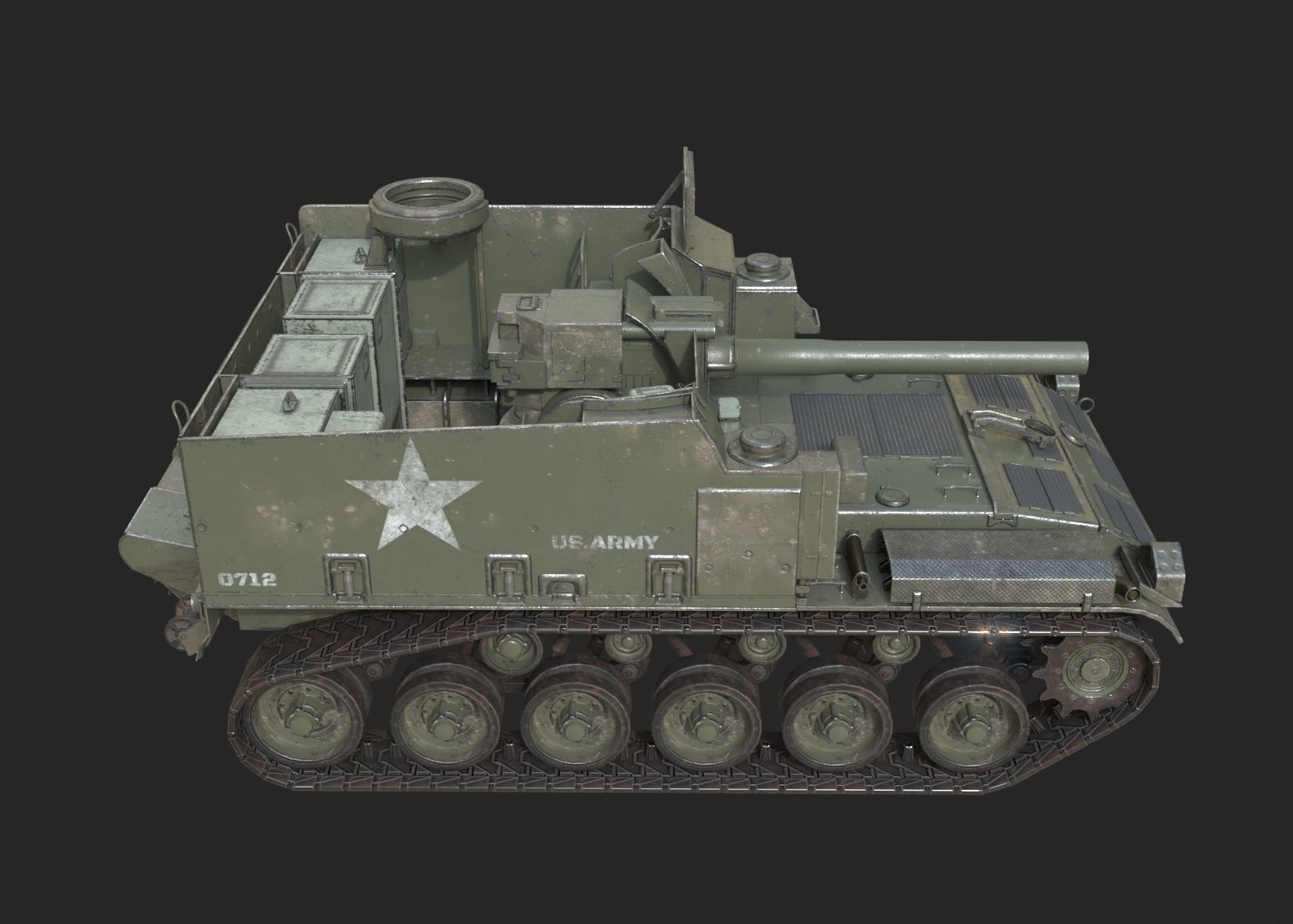 Vietnam War USA Army M44 155mm self-propelled howitzer Low-poly 3D model_10