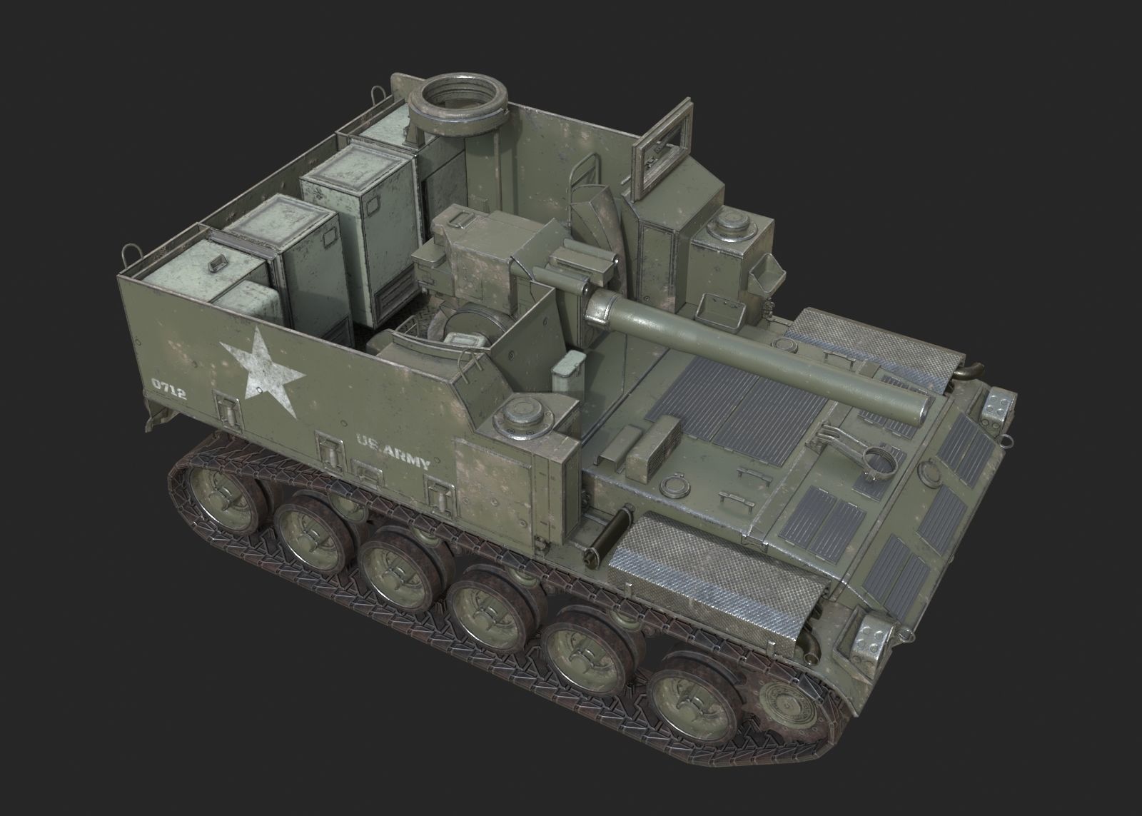 Vietnam War USA Army M44 155mm self-propelled howitzer Low-poly 3D model_7