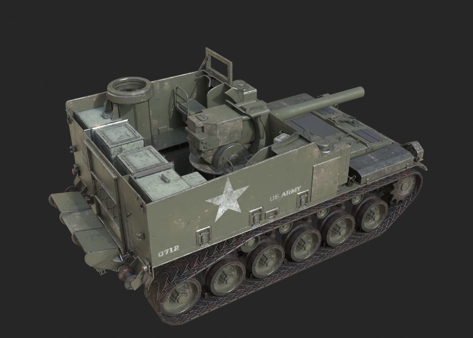 Vietnam War USA Army M44 155mm self-propelled howitzer Low-poly 3D model_9