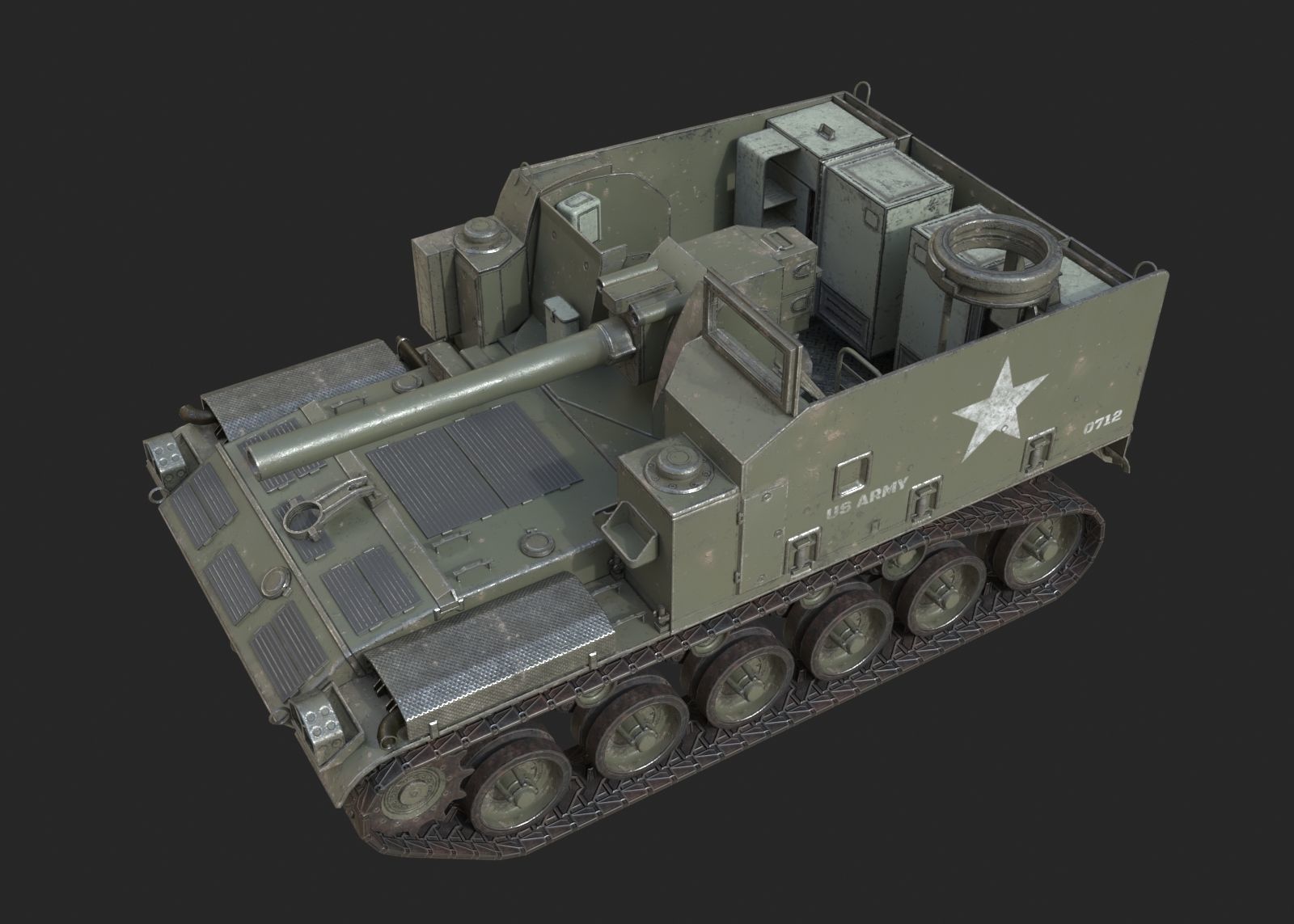 Vietnam War USA Army M44 155mm self-propelled howitzer Low-poly 3D model_6