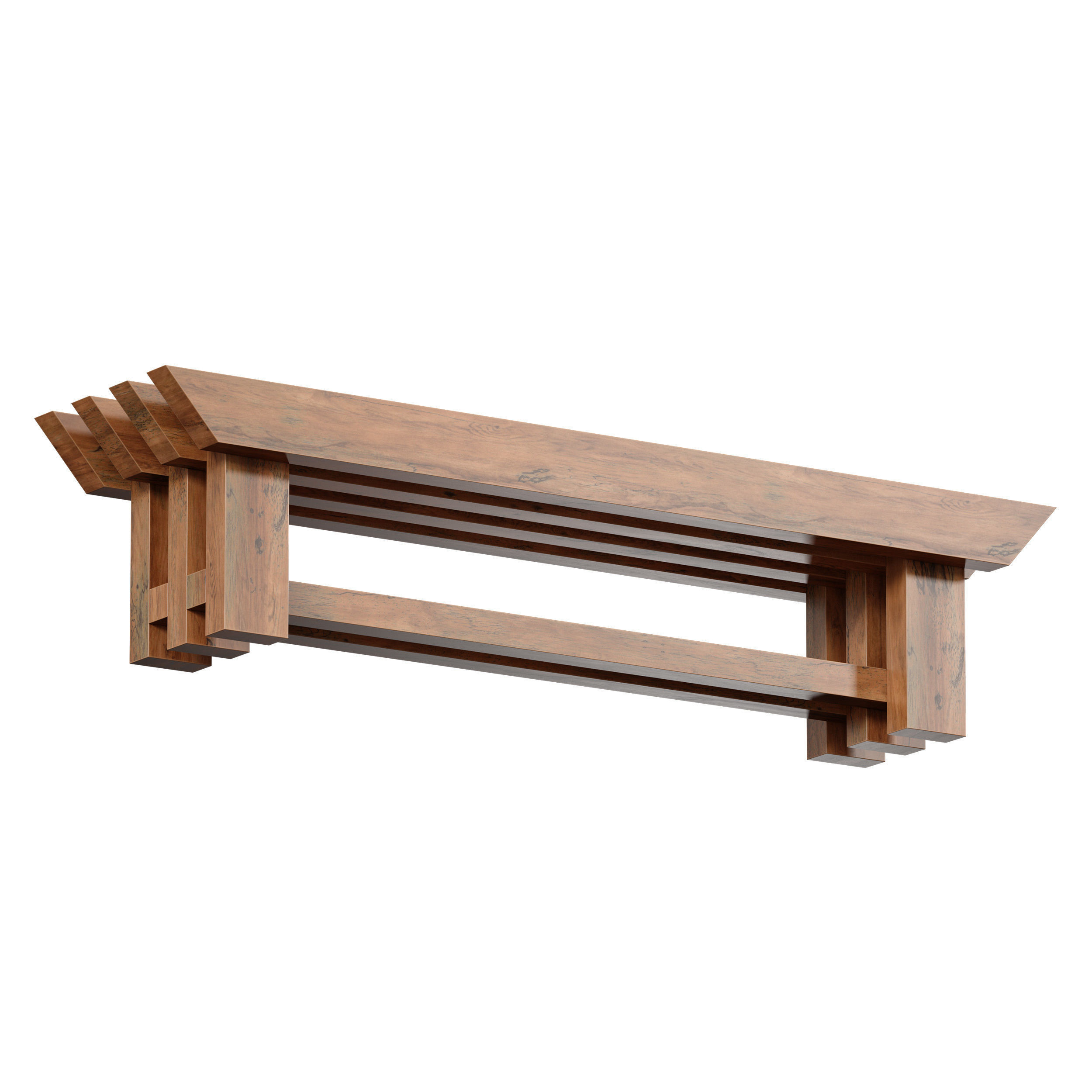 Japanese style wooden slatted bench 3D model_2