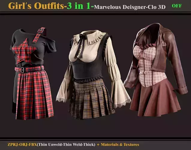 3 in 1 Girls Outfits- MD-Clo3d -OBJ - FBX -Materials-Textures
