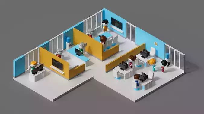 Low Poly Office Interior with Characters