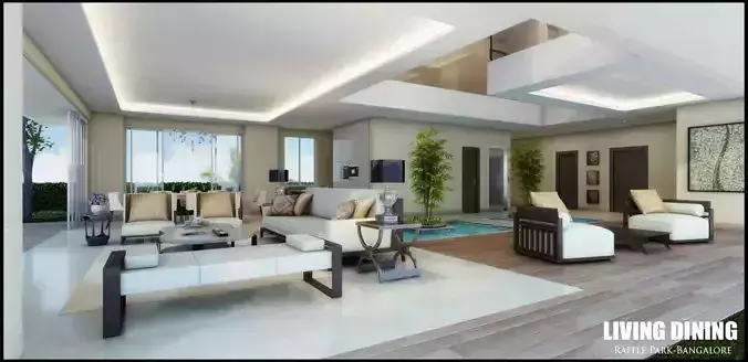 Modern White Living Room With Waterpool Free 3D model