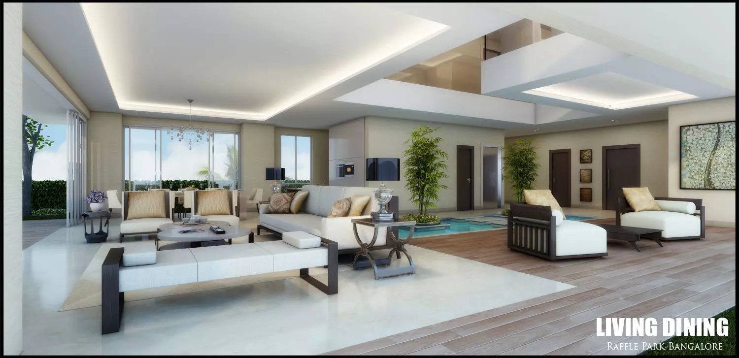 Modern White Living Room With Waterpool Free 3D model_0