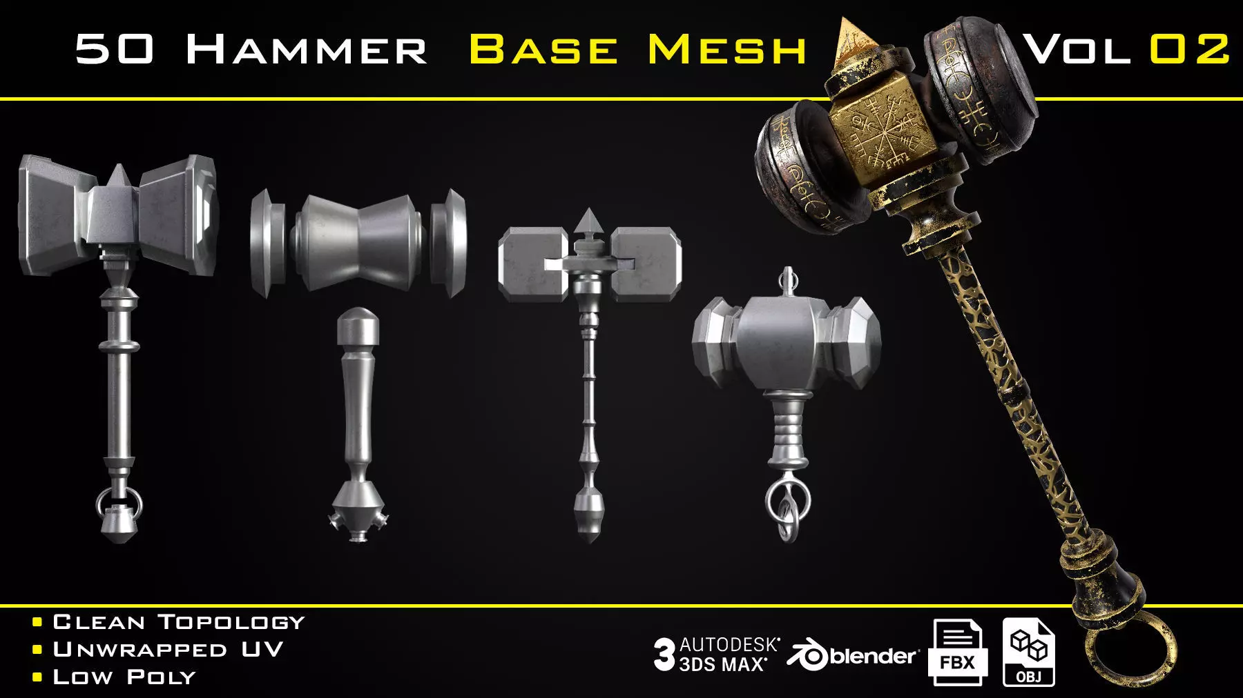 50 Hammer BASE MESH - VOL 02 Game Ready Low-poly 3D model