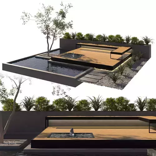 Landscape Backyard with Pool and Furniture