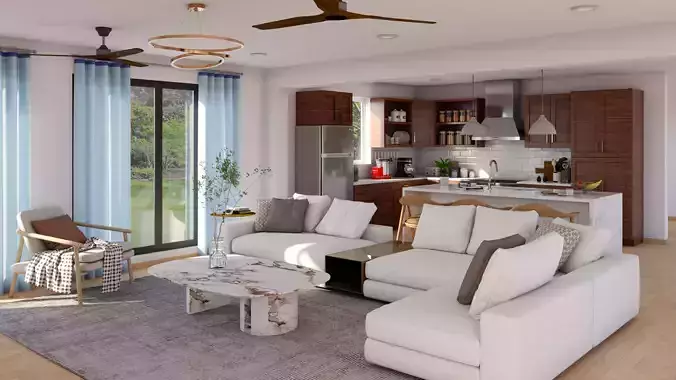 Living Room and Kitchen Scene